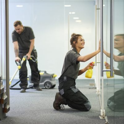 a female cleaning contractor is polishing the glass partition offices whilst In the background a male colleague steam cleans an office carpet in a empty office in between tenants.  .The female is smiling .